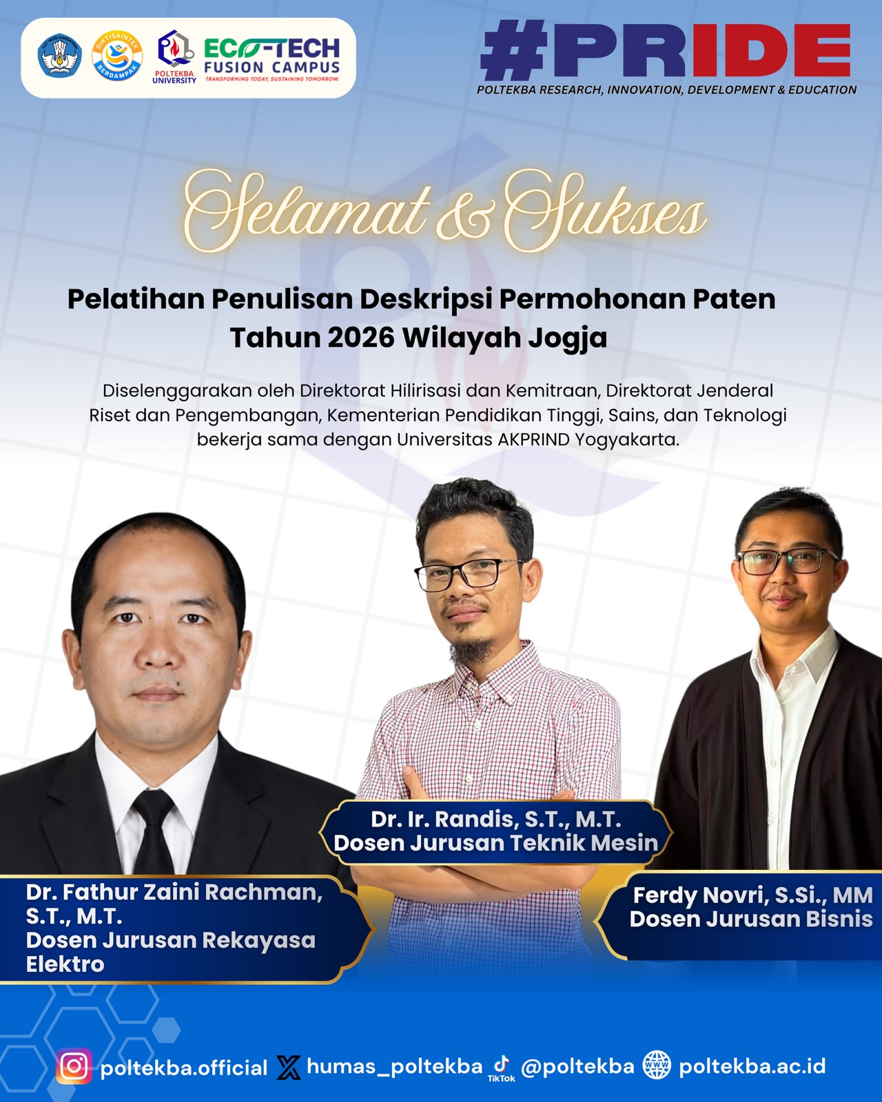 Tiga Dosen Poltekba Lolos Pelatihan Penulisan Deskripsi Permohonan Paten (PDPP) Tahun 2026